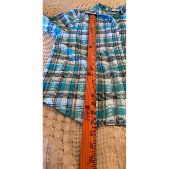 Fashion Bug Button Down Blouse Size 14 16 Turquoise Plaid Stripes 100% Cotton - Picture 9 of 9